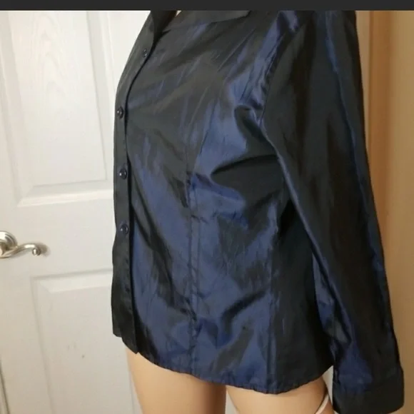 Vintage Designer Gigue Iridescent Blue Black Button Up Blouse EU42 US 12 - Picture 6 of 9